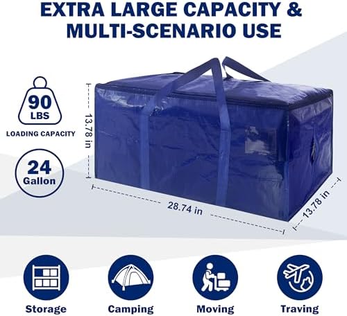 12 Pack Extra Heavy Duty Large Moving Bags with Strong Zipper & Carrying Handles, Sturdy Clothes Storage Bags Totes Bins, Packing Bag Move Boxes College Moving Supplies, Dark Blue - 24 gal - Image 2