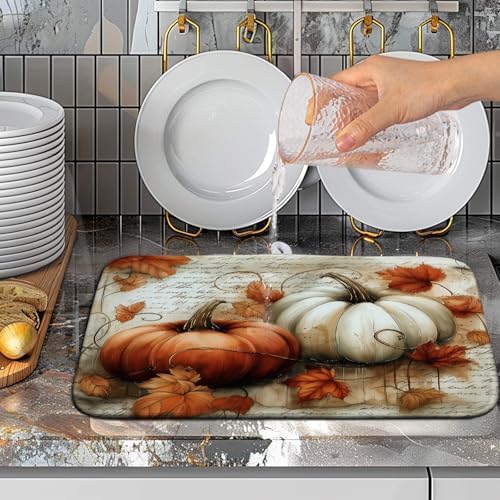 Fall Dish Drying Mat for Kitchen Counter Autumn Thanksgiving Orange White Pumpkin Drying Mats 16x18 Inch Vintage Maple Leaf Holiday Draining Pad Microfiber Absorbent Dish Drainer Rack Mat - Image 5