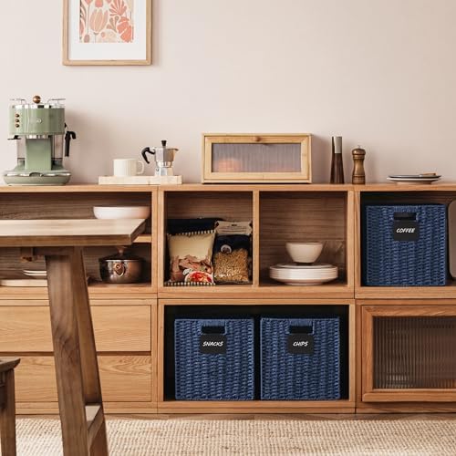 UBBCARE 4 Pack Wicker Basket, 10.5×10.5 Storage Cubes with Label, Foldable Cube Storage Bin with Handle, Square Storage Basket for Shelves, Woven Paper Rope Basket for Organizing, Blue - Image 6