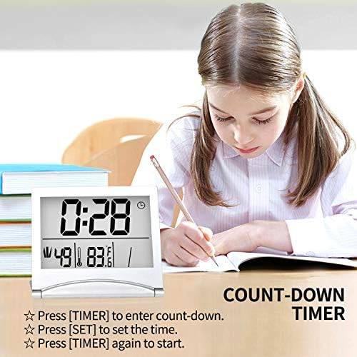Betus Digital Travel Alarm Clock - Foldable Calendar Temperature Timer LCD Clock with Snooze Mode - Large Number Display, Battery Operated - Compact Desk Clock for All Ages (Silver Pack of 2) - Image 5