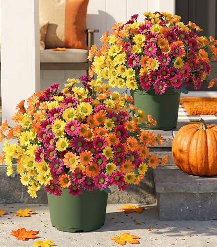 HyeFlora Artificial Mums for Outdoors Fall Decor, 6 Bundles Fake Flowers UV Resistant Realistic Faux Flowers Bouquet Silk Flowers for Outside Planter Porch Patio Garden Yard Balcony Home, Mix by HyeFloraartificialflowers