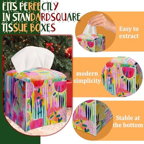Modern Square Leather Tissue Box Cover/Case Holder Gifts for Women Family and Friends, Decorative Holder/Organizer for Bathroom Kitchen Nightstand Office Home (Colorful Rainbow Fruits) - Image 5