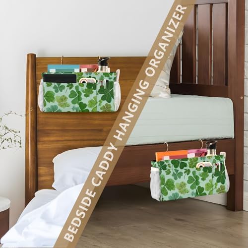 Bedside Caddy Hanging Bunk Bed Caddy Bed Organizer Hanging Pocket with 2 Hooks Bedside Storage Organizer Pocket Bag Holder Green Nature St Patrick Clovers - Image 7