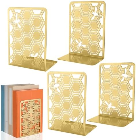 Chunful 6 Pack Gold Metal Honeycomb Bee Bookends Book Stoppers for Shelves by Chunful