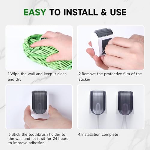 6 Pcs Toothbrush Holders Wall Mounted, Single Slot Design, Shower Self Adhesive Wall Mounted Toothbrush Holder with Cover, Waterproof and Dustproof, Suitable for Bathroom, Family, Travel (Grey) - Image 6