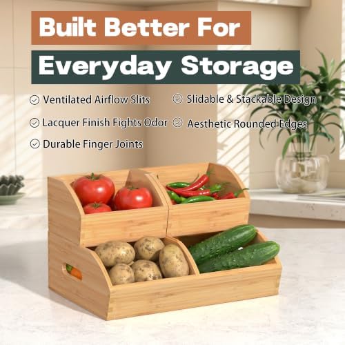 Potato and Onion Storage Bin, Stackable Pantry Organizers for Kitchen Countertop, Ventilated Bamboo Storage Baskets with Handles, Multipurpose Organization Containers for Fruit, Vegetable, 3 Pack - Image 2