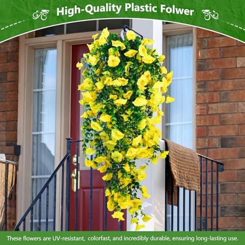 4-Pack Fake Hanging Plants, Faux Hanging Plant Artificial Greenery for Living Room Bedroom Boho Wall Shelf Indoor Outdoor Decor (Yellow Morning Glory) - Image 2