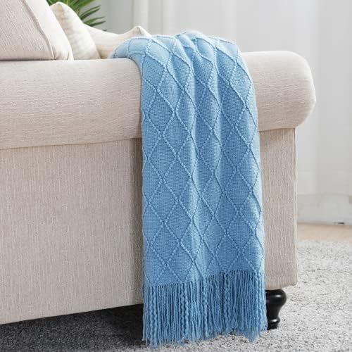 BOURINA Blue Throw Blanket 50x60 Inch Boho Knitted Soft Throw Sofa Blanket - Image 2