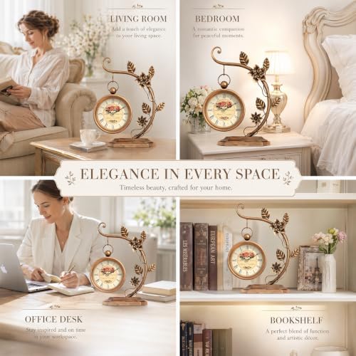 Floral Plant Desk Clock, Vintage Gold Table Clock with Leaf Pattern, Silent Non-Ticking Battery Operated Decorative Shelf Mantel Clock for Living Room Bedroom Home Decor Gift for Women - Image 5
