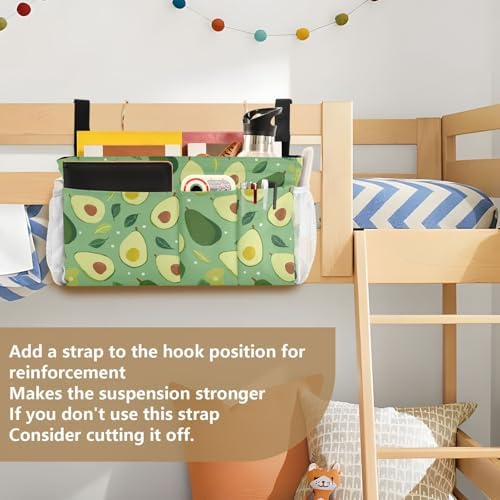 Bedside Caddy Hanging Bunk Bed Caddy Bed Organizer Hanging Pocket with 2 Hooks Bedside Storage Organizer Pocket Bag Holder Green Avocado and Leaf - Image 6