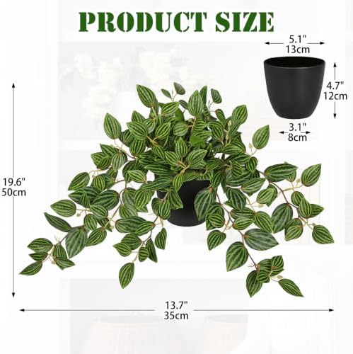 Briful Artificial Potted Plant Indoor, 19.6" Faux Watermelon Peperomia Trailing Plant in Black Pot, Realistic Fake Plants with Cascading Green Leaves for Shelf Bathroom Office Desk Kitchen Home Decor - Image 2