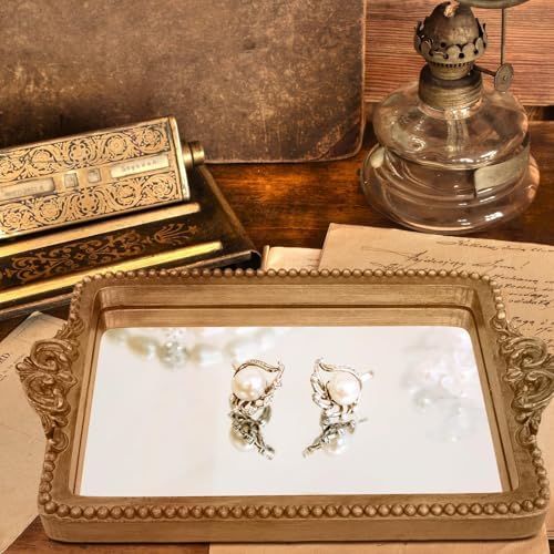 Hanna Roberts Vintage Gold Tray with Mirror Glass Base | Card Holder for Guests During Occasions and Events or Decorative Home and Vanity Organizer (Gold) - Image 3