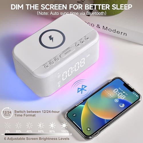 Alarm Clock Speaker Wireless Charger, Digital Alarm Clocks Bedrooms Bluetooth, Alarm Clock Dimmable Light Bedrooms Dual Alarm Snooze Dimmer 12 24H RGB Night Light Bluetooth USB AUX, White - Image 3
