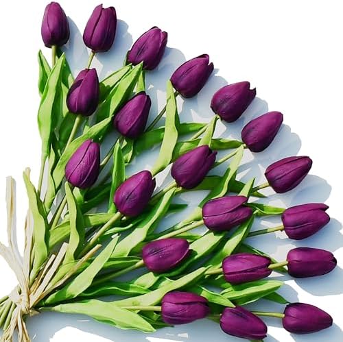 ONLY ART Artificial Purple Tulips 20 Pcs – 13.5 Inch PU Faux Flowers with Bendable Stems for Home Décor, Wedding Centerpieces, DIY Floral Arrangements, New Year and Valentine's Day by ONLYART