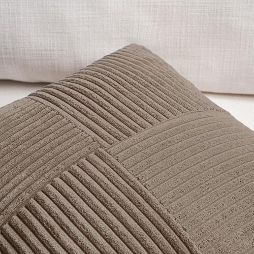 Fancy Homi Set of 2, Light Brown Patchwork Corduroy Decorative Soft Striped Modern Accent Cushion Case Farmhouse Boho Neutral Throw Pillow Covers for Chair Couch Bed Sofa Living Room 26x26 Inch - Image 3