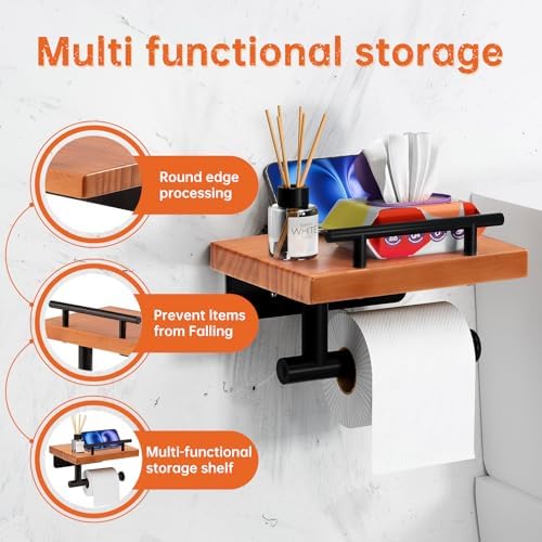 Toilet Paper Holder with Wood Shelf, Wall Mount Toilet Paper Roll Holder with Wooden Shelf and Matte Black Stainless Steel Pipe, Tissue Roll Holder for Bathroom Washroom (Light Brown, 7.9'' x 5.9'') - Image 3