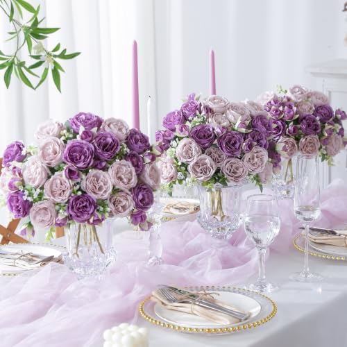 Luyue 4 Packs Purple Peonies Artificial Flowers Faux Peony Bouquet Purple Fake Flowers for Vase Silk Floral Arrangements for Table Centerpiece Wedding Decoration Indoor Autumn Home Decor - Image 5