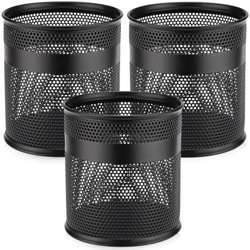 Segarty Pen Cup, 3 Pack Black Pen Holder for Desk, 3.9 x 4.2 inch Large Metal Round Pencil Container Set Marker Holder for Office Supply, Desktop Accessories, Makeup Brush, School Student Teacher by Segarty