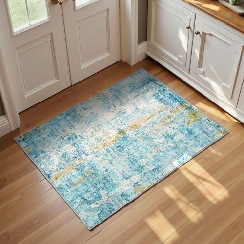 Entrance Rugs Indoor 2x3 Teal Blue Entry Rug Washable Abstract Small Area Rug Non-Slip Low Pile Throw Rugs for Entryway, Kitchen Floor, Front Door Indoor Door Mat, Bathroom, Bedroom Bedside by OmpaaHomeDecor