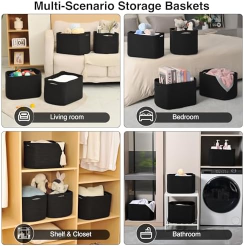 ICERZCZ Storage Baskets for Organizing & Shelves, Woven Cotton Rope Organization Bins for Dog Toys, Clothes, Books, Nursery Organizer, 15"Lx11''Wx9.5''H, (4 Packs) Black - Image 5