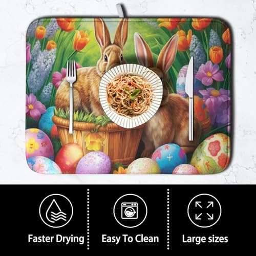 Easter Bunny Eggs Dish Drying Mat for Kitchen Counter, Tulip Floral Flower Drying Mat Spring Summer Holiday Dish Mat Drying Kitchen Mat Absorbent Kitchen Drying Mat for Sink 16x18Inch - Image 4