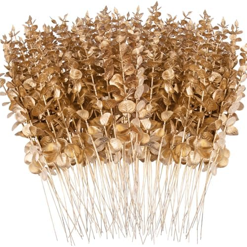 FEQO 120 Pcs Gold Artificial Eucalyptus Stems 15" Faux Eucalyptus Branches by FEQO