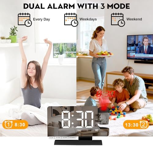 SZELAM Digital Clock,Alarm Clock Bedside with Projection,7.3" Mirror Clock with 180°Rotating Projector,Dual Alarm with 3 Mode,Brightnee Adjust,DST,Snooze,Charging Port,5 Levels Volume for Desk Teens - Image 5