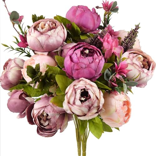 FiveSeasonStuff Soft Peach Pink and Magenta Red Vintage Artificial Peonies Silk Flowers and Hydrangeas for Wedding Bridal Home Decor – Beautiful Floral Centerpiece Bouquet (Celestial Beauty) by FiveSeasonStuff