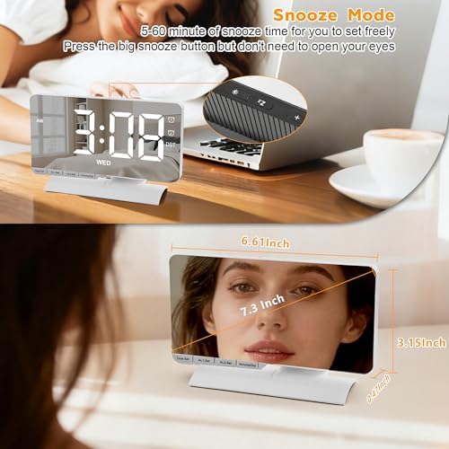 SZELAM Digital Clock,Alarm Clock Bedside,7.3'' Large LED Mirror with Date Display,Dual Alarm with 3 Mode,Brightnee Adjust,DST,Snooze Function,USB C Charging Port,5 Levels Volume for Desk Bedroom Teens - Image 6