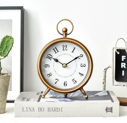 EMAX HOME Vintage Small Table Clock on Stand, Decorative Desk and Shelf Clock Farmhouse Mantel Non-Ticking Clock Rustic Metal Frame with Antique Gold Finish 9.3 Inch - Image 2