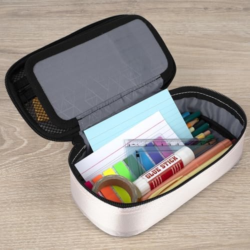 Five Star Pencil Pouch Zipper High-Capacity Storage Organizer Case for Office Supplies Earbuds Chargers Cables Makeup, Tan/Blue (500212A) - Image 4