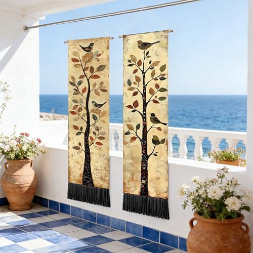 seewan 2 Pack Long Vertical Wall Tapestry, Boho Nature Landscape & Floral Aesthetic Wall Hanging for Bedroom Living Room Home Decor, Long Narrow Art Tapestry with Sunrise Mountain Botanical Designs, 13" × 51" (Vintage Bird Tree, 13"Wx51"H, Unframed) - Image 5