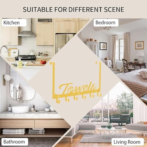 Azmoncy Over The Door Hooks, Towel Hook Towel Rack for Bathroom Towel Holder for Hanging Heavy Duty, Wall Mount Towel Hanger with 6 Hooks for Bedroom Bathroom Kitchen Towels, Bag, Coats, Hats(Gold) - Image 5