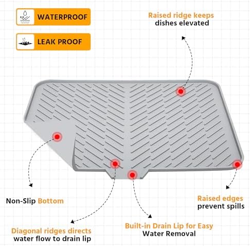 Luxet Silicone Dish Drying Mat with Built-in Drain Lip - Hygienic Drying Pad - Sturdy Compact Easy to Clean Tray Protects Surfaces Prevents Water Build Up - 23 X 17 (Grey) - Image 4