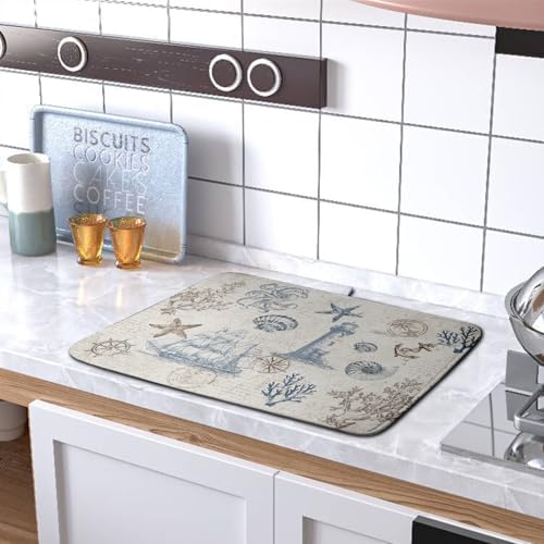 Nautical Coastal Dish Drying Mat for Kitchen Counter Summer Ocean Sailboat Starfish Seashell Absorbent Microfiber Dish Mat Reusable Washable Dish Drainer Rack Mat 18x24 Inch - Image 5
