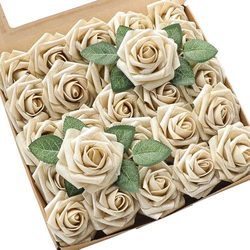 Floroom Artificial Flowers 25pcs Real Looking Champagne Gold Foam Fake Roses with Stems for DIY Wedding Bouquets Bridal Shower Centerpieces Floral Arrangements Party Tables Home Decorations by Floroom