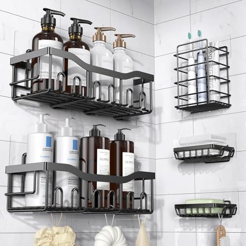 EUDELE Adhesive Shower Caddy, 5 Pack Rustproof Stainless Steel Bath Organizers With Large Capacity, No Drilling Shelves for Bathroom Storage & Home Decor by EUDELE