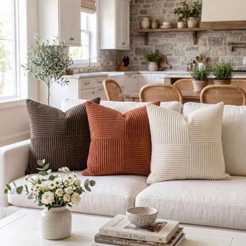 Fancy Homi 2 Packs Rust Samll Decorative Throw Pillow Covers 12x12 Inch with for Living Room Couch Bed, Farmhouse Boho Home Decor, Soft Corss Patchwork Corduroy Square Terracotta Cushion Case 30x30 cm - Image 2