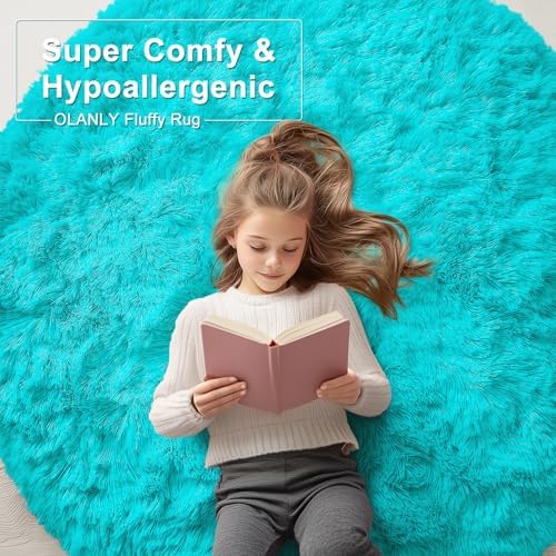 OLANLY Teal Blue Round Rugs for Bedroom - Machine Washable, 5 ft Circle Area Rugs for Living Room, Soft and Fluffy Shaggy Carpet for Teen Girls and Boys, Nursery Rooms, Dorms, Home Decor Aesthetic - Image 5