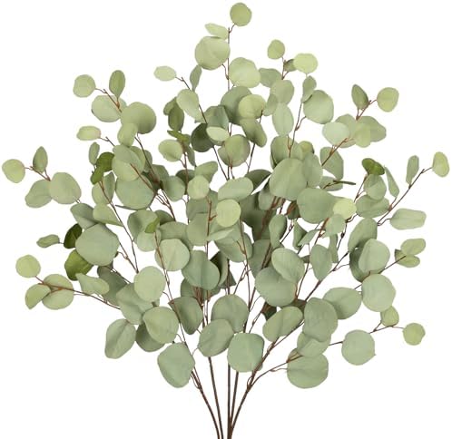 Green Eucalyptus Stems 34" Long Silver Dollar Leaves - 5 Pcs Silk Stems for DIY Bouquet Arrangements, Centerpieces, Shower Decorations - Artificial Spray by DILATATA