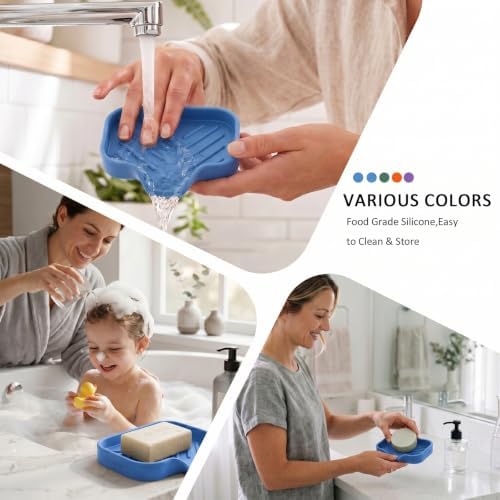 MicoYang Silicone Soap Dish with Drain Spout, Self-Draining Sink Organizer Tray for Bathroom & Kitchen, Sponges, Dispensers & Soap Holder, Non-Slip & Dishwasher Safe, Lichen Blue (Compact, 4.9"×3.2") - Image 4