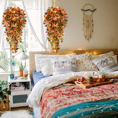 RECUTMS Artificial Fall Hanging Flowers with 30 LED Fairy String Light 2Pcs - Image 5