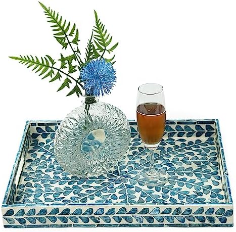 Serving Tray 15.7" X11.8", Lacquer Mother of Pearl Inlay Mosaic Tray, Rectangle Wooden Marble Tray with Handles Trays for Tea, Breakfast in Bed, Table (Blue) by WovenWickerThings