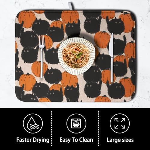 Happy Halloween Dish Drying Mat for Kitchen Counter 18x24 Inch Cute Pumpkin Black Cat Trick or Treat Drying Mats Large Microfiber Absorbent Dish Rack Pad for Coffee Bar Sinks Home Accessories - Image 4