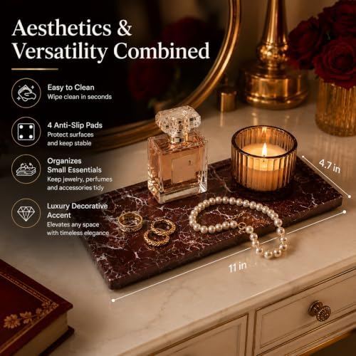 Marble Decorative Tray for Home Decor, Red Vanity Tray for Bathroom Countertop, Small Perfume Tray for Dresser, Luxury Stone Organizer for Jewelry, Candles & Skincare, 11 x 4.7 in - Image 4