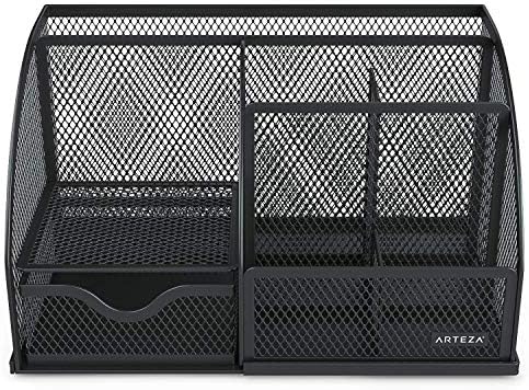 Arteza Mesh Metal Office Desk Organizer with Drawer, 6-Compartment Multi-Functional Design Holds Office Supplies & Accessories Like Pens, Pencils, Notes, Staplers & Scissors (Black) - Image 3