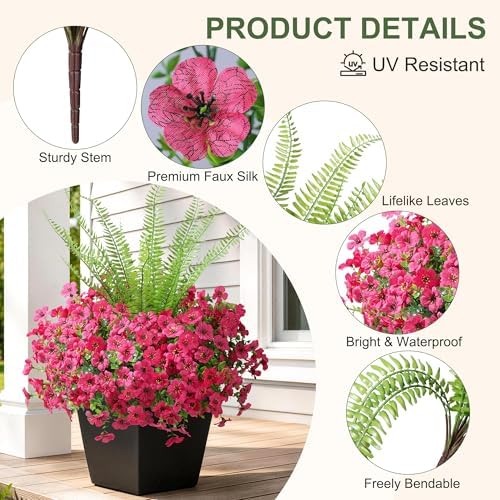 HyeFlora Artificial Faux Outdoor Flowers Plants for Spring Summer Decoration, 14 Bundles Fake Silk Colorful Daisy Ferns UV Resistant Realistic for Home Porch Patio Yard Window Box (Hot Pink) - Image 2