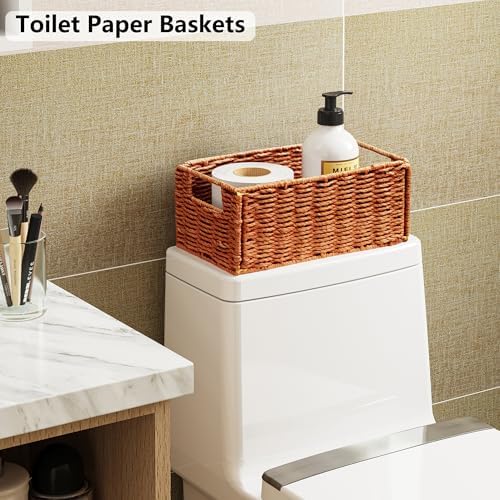 Vagusicc Wicker Storage Basket, Set of 2 Hand-Woven Paper Rope Wicker Basket, Small Storage Baskets for Organizing Toilet Paper, Foldable Small Cube Organizer Bins for Shelves (Orange) - Image 5