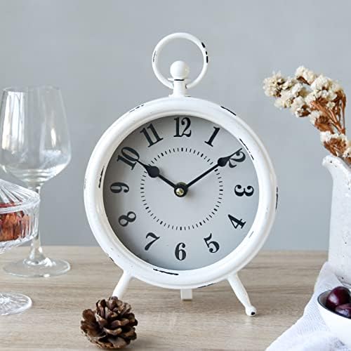 EMAX HOME Vintage Rustic White Table Clock on Stand, Decorative Desk & Shelf Clock, Rustic Mantel Farmhouse Non-Ticking by EMAXHOME