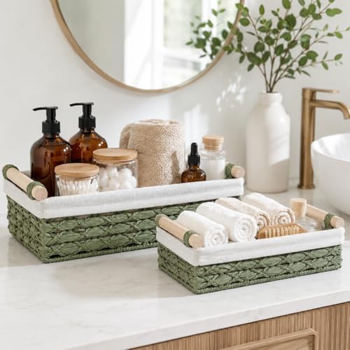 Sage Green Bathroom Baskets Set of 2, Paper Rope, Wood Handles - Image 6